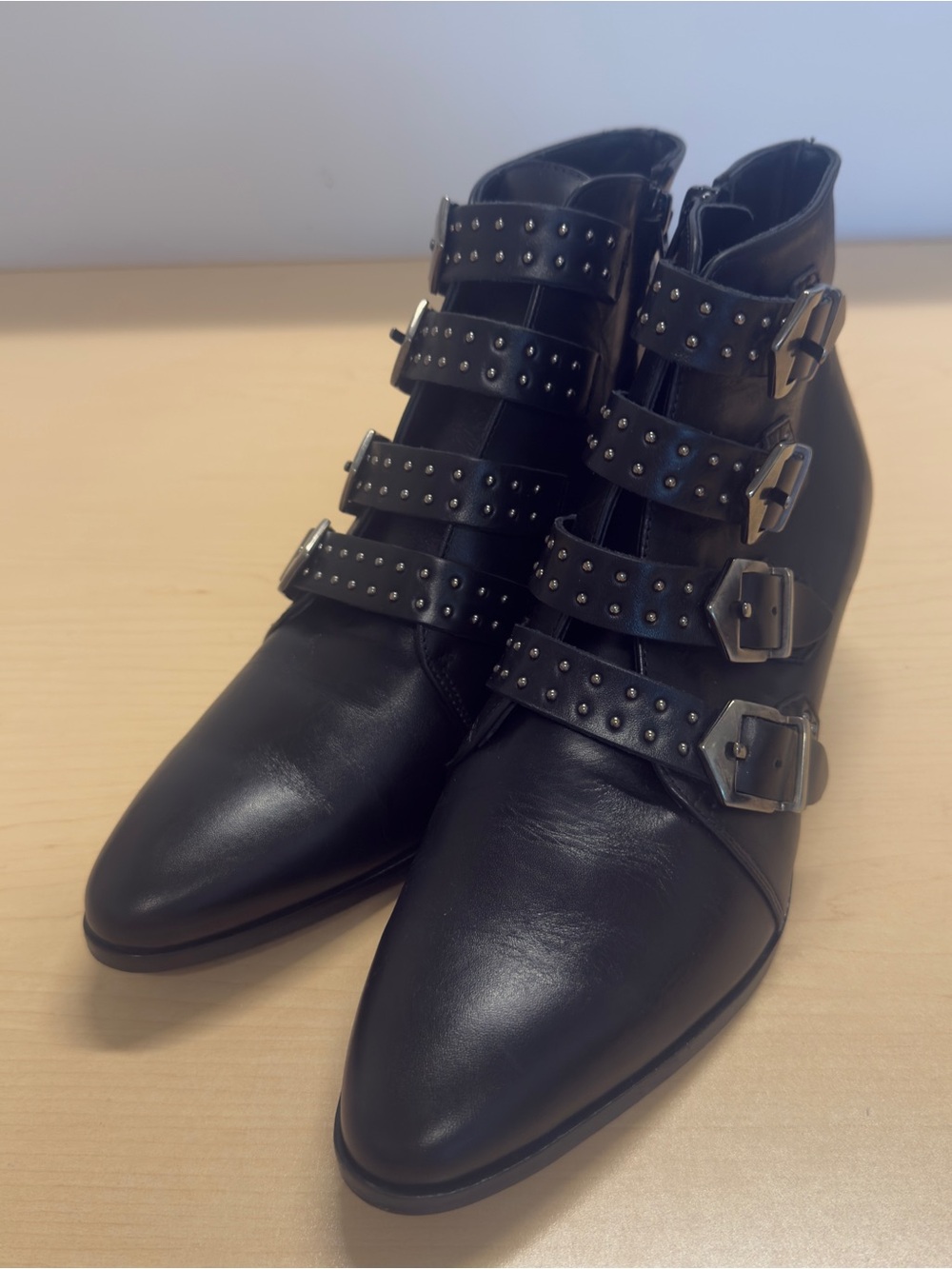 Fabio Rusconi Black Leather Studded Multi-Strap Moto Ankle Boots Size 39